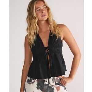 Nasty Gal Cotton Poplin Halter Neck Ruched Tie Front Peplum Top